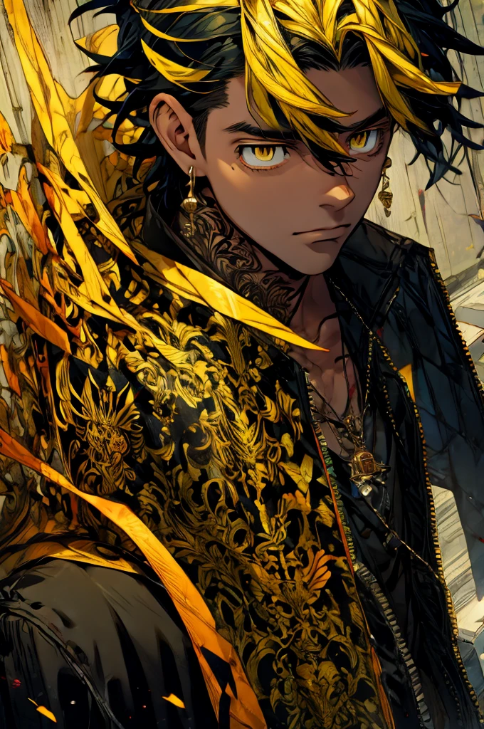 (best quality:1.1), (masterpiece:1.4), 1boy, solo, 1male, kazutora_hanemiya, blonde hair, yellow eyes, , black hair, two-tone hair, neck tattoo, , , earrings, jacket, decade costume, science fiction hardboiled,