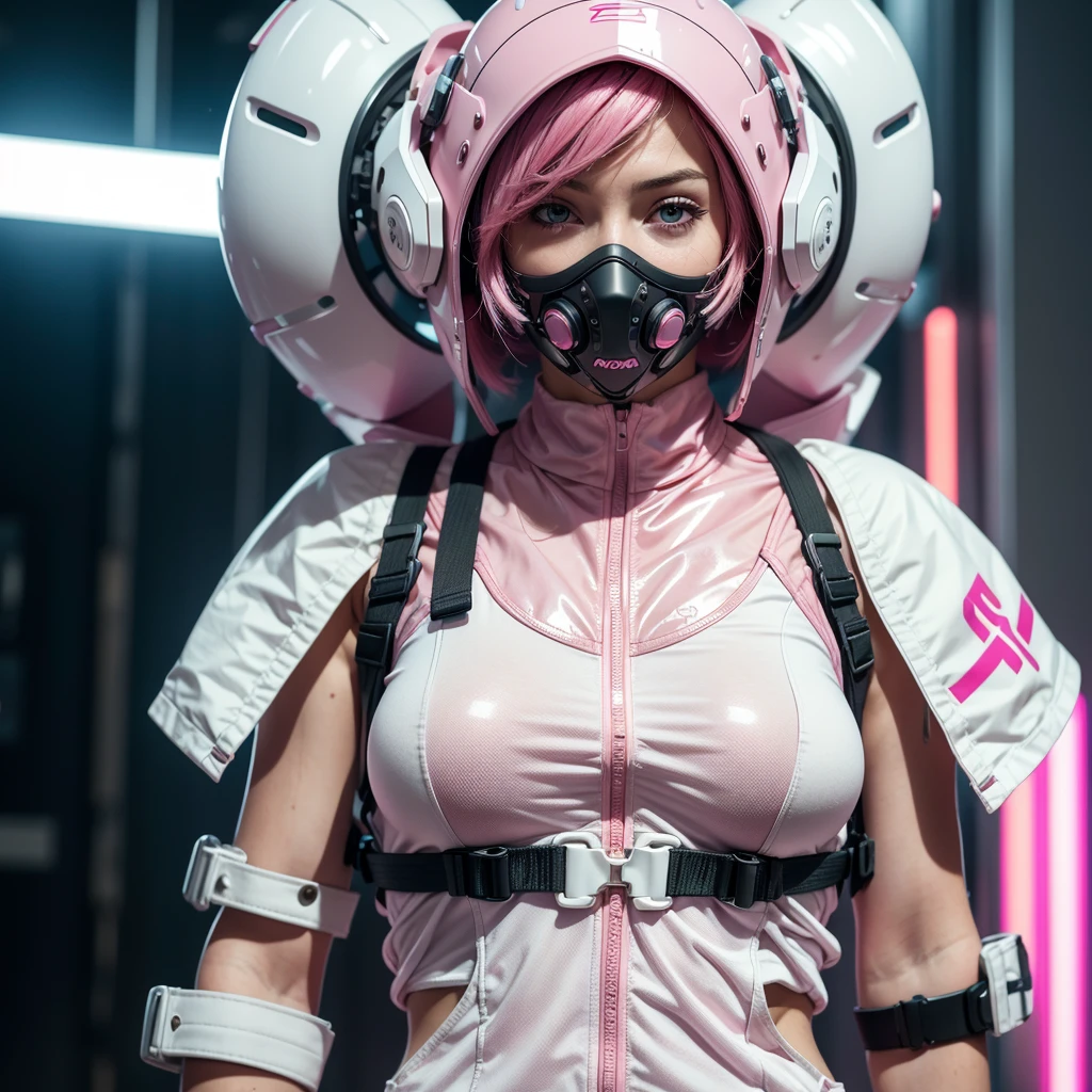 1girl, pink hair, cyber helmet, hood, sexy white tank top, cyber body, white cargo pants, mouth mask, covered mouth, pale skin, Blur background, 8K, Hi-Res, bare skin, rainy