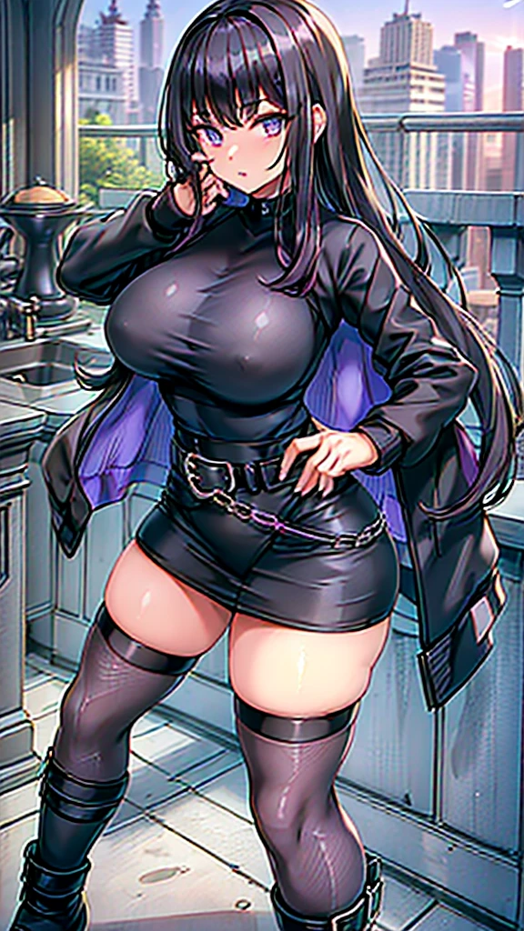 1990s, (masterpiece), high-definition, detailed face, cute girl, perfect body, (big tits: 1.4) big hips, round ass, (black hair with dark purple highlights: 1.4), (tight grey t-shirt: 1.4), (black jacket: 1.4), (purple tight skirt: 1.3), belt, (black thong: 1.2), thigh high stockings, boots, fishnet, pin-up pose, balcony