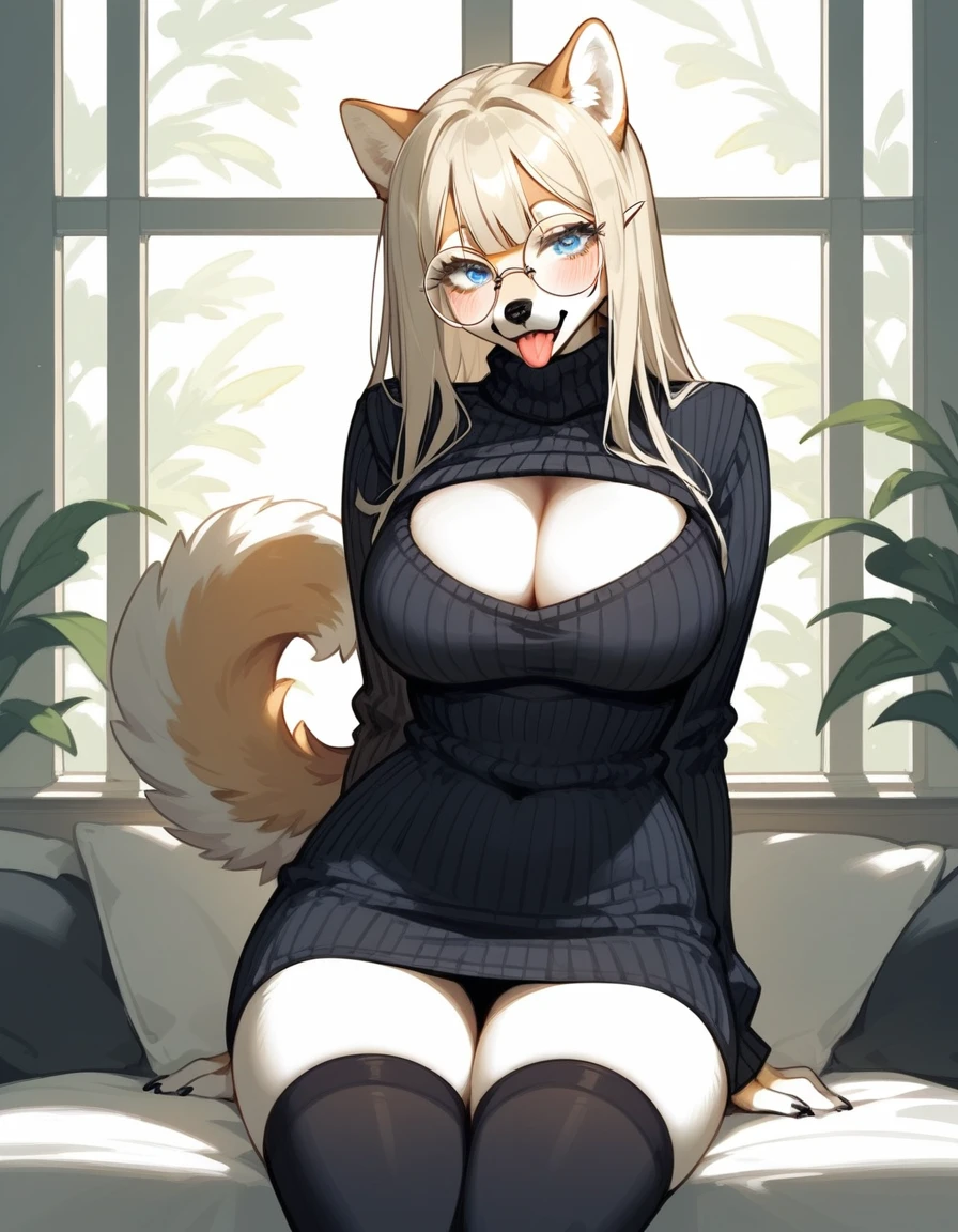 Solo, score_9,score_8_up,score_7_up, source_furry, an Anthro furry shiba inu girl, furry body, female canine, snout, black nose, pointy dog ears, black lips, blue eyes, long platinum blonde hair, tall and curvy, wear only black thigh high socks, blep, playfully sticking tongue out, wearing black sweater, cleavage window, black skirt, hands behind her back, blushing, wearing big round glasses