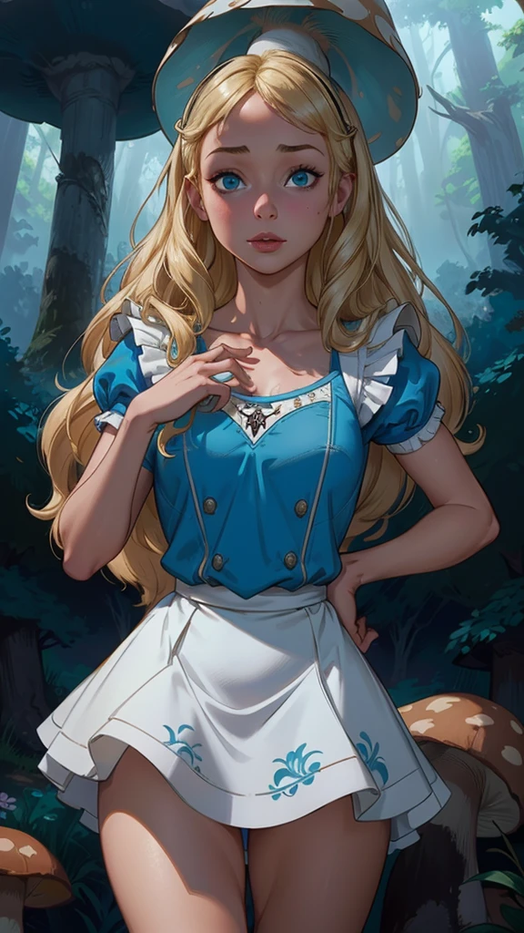 (La mejor calidad,A high resolution,Ultra - detallado,actual),Alice Wonderland, vestido corto azul, medias white muslo, cabello largo amarillo, ,(Fondo de ruinas de mazmorra en ruinas bosque tenebroso cyberpunk :1.4 ), More detailed 8K.motor irreal:1.4,UHD,La mejor calidad:1.4, fotorrealista:1.4, textura de la piel:1.4, obra maestra:1.8,obra-prima, mejor calidad,objeto Objeto], (detailed face features:1.3),(Las proporciones correctas),  (pose vaquero),( Alice Wonderland:1.4), (Alice Wonderland V2.1), (perfect anatomy :1.4),( no mutaciones), (Alice Liddell Disney:1.4), (dynamic cowboy pose), (face detailed :1.4), (mostrando panties), (cinematic lighting :1.4), score_9, score_8_up, score_7_up, score_6_up, rating_explicit, 1girl, ((18YO:1.2)), Adult, full lips, big clear eyes, blue eyes, ((blond hair:1)), (long wavy hair: 1.2),( orejas de coneja white:1.4 ), (forest background big trees and giant mushrooms neon :1.4), (skirt lifted by itself: 1.1), (skirt lift: 1.3), (showing white panties: 1.3),score_9, score_8_up, score_7_up, score_6_up, rating_explicit, 1girl, ((18YO:1.2)), Adult, full lips, big clear eyes,  blue eyes, ((blond hair:1)), (long wavy hair: 1.2),(face detailed V2.1) 