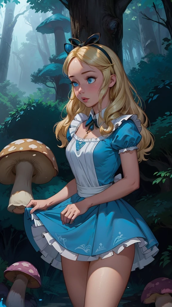 (La mejor calidad,A high resolution,Ultra - detallado,actual),Alice Wonderland, vestido corto azul, medias white muslo, cabello largo amarillo, ,(Fondo de ruinas de mazmorra en ruinas bosque tenebroso cyberpunk :1.4 ), More detailed 8K.motor irreal:1.4,UHD,La mejor calidad:1.4, fotorrealista:1.4, textura de la piel:1.4, obra maestra:1.8,obra-prima, mejor calidad,objeto Objeto], (detailed face features:1.3),(Las proporciones correctas),  (pose vaquero),( Alice Wonderland:1.4), (Alice Wonderland V2.1), (perfect anatomy :1.4),( no mutaciones), (Alice Liddell Disney:1.4), (dynamic cowboy pose), (face detailed :1.4), (mostrando panties), (cinematic lighting :1.4), score_9, score_8_up, score_7_up, score_6_up, rating_explicit, 1girl, ((18YO:1.2)), Adult, full lips, big clear eyes, blue eyes, ((blond hair:1)), (long wavy hair: 1.2),( orejas de coneja white:1.4 ), (forest background big trees and giant mushrooms neon :1.4), (skirt lifted by itself: 1.1), (skirt lift: 1.3), (showing white panties: 1.3),score_9, score_8_up, score_7_up, score_6_up, rating_explicit, 1girl, ((18YO:1.2)), Adult, full lips, big clear eyes,  blue eyes, ((blond hair:1)), (long wavy hair: 1.2),(face detailed V2.1) 
