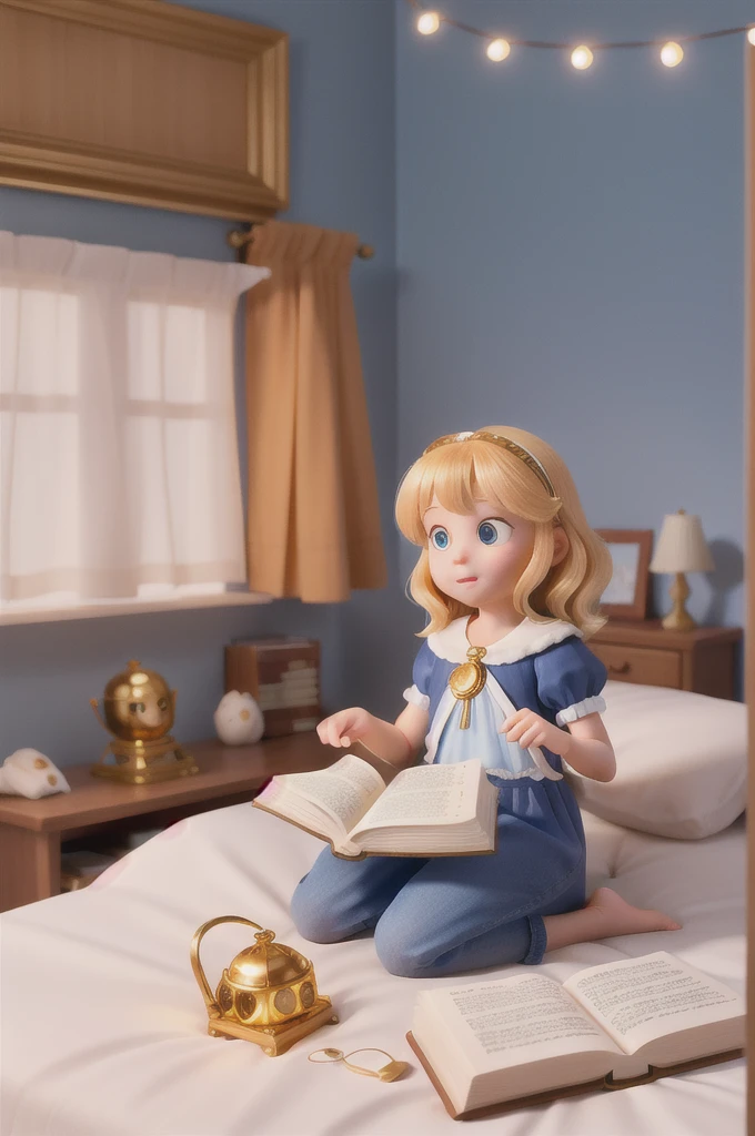 there is a with golden hair with beautiful and big brown eyes with white sparkles, she is in her room, while she is holding a book with a golden cover, she is sitting on the bed, and from the book emanates a golden light (( the book is magic)) the blue light emanates from the pages of the book, ((the blue light reflects on the little girl's face)), the book is color golden, is night and the only light is light from book, multiple shiny light from book