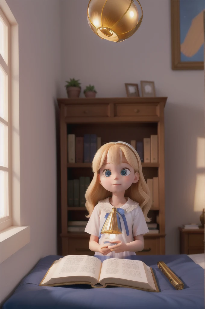 there is a with golden hair with beautiful and big brown eyes with white sparkles, she is in her room, while she is holding a book with a golden cover, she is sitting on the bed, and from the book emanates a golden light (( the book is magic)) the blue light emanates from the pages of the book, ((the blue light reflects on the little girl's face)), the book is color golden, is night and the only light is light from book, multiple shiny light from book