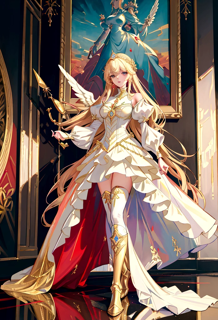 Arafed, a picture of a female angel in high society prom event, divine beautiful female angel, blond hair, long hair, flowing hair, the hair glows in a soft light, cerulean eyes, deep light eyes, divine beautiful face, spread white feather wings, she wears a ((red evening dress: 1.2)), elegant, intricate detailed dress, silk dress, she wears elegant knee high heeled boots, exquisite high heeled boots, she stands on the porch of a fantasy castle, dynamic angle, soft torch light, (Masterpiece: 1.5), 16k, highres, best quality, high details, ultra detailed, masterpiece, best quality, (extremely detailed), AngelStyle, GlowingRunesAI_paleblue, angel_wings