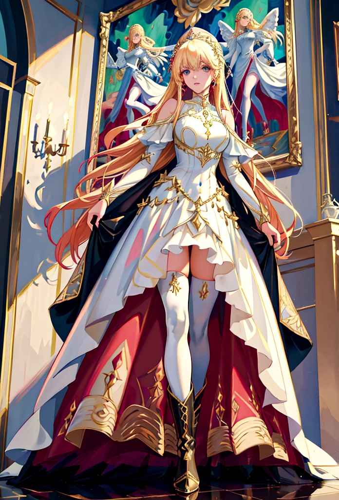 Arafed, a picture of a female angel in high society prom event, divine beautiful female angel, blond hair, long hair, flowing hair, the hair glows in a soft light, cerulean eyes, deep light eyes, divine beautiful face, spread white feather wings, she wears a ((red evening dress: 1.2)), elegant, intricate detailed dress, silk dress, she wears elegant knee high heeled boots, exquisite high heeled boots, she stands on the porch of a fantasy castle, dynamic angle, soft torch light, (Masterpiece: 1.5), 16k, highres, best quality, high details, ultra detailed, masterpiece, best quality, (extremely detailed), AngelStyle, GlowingRunesAI_paleblue, angel_wings