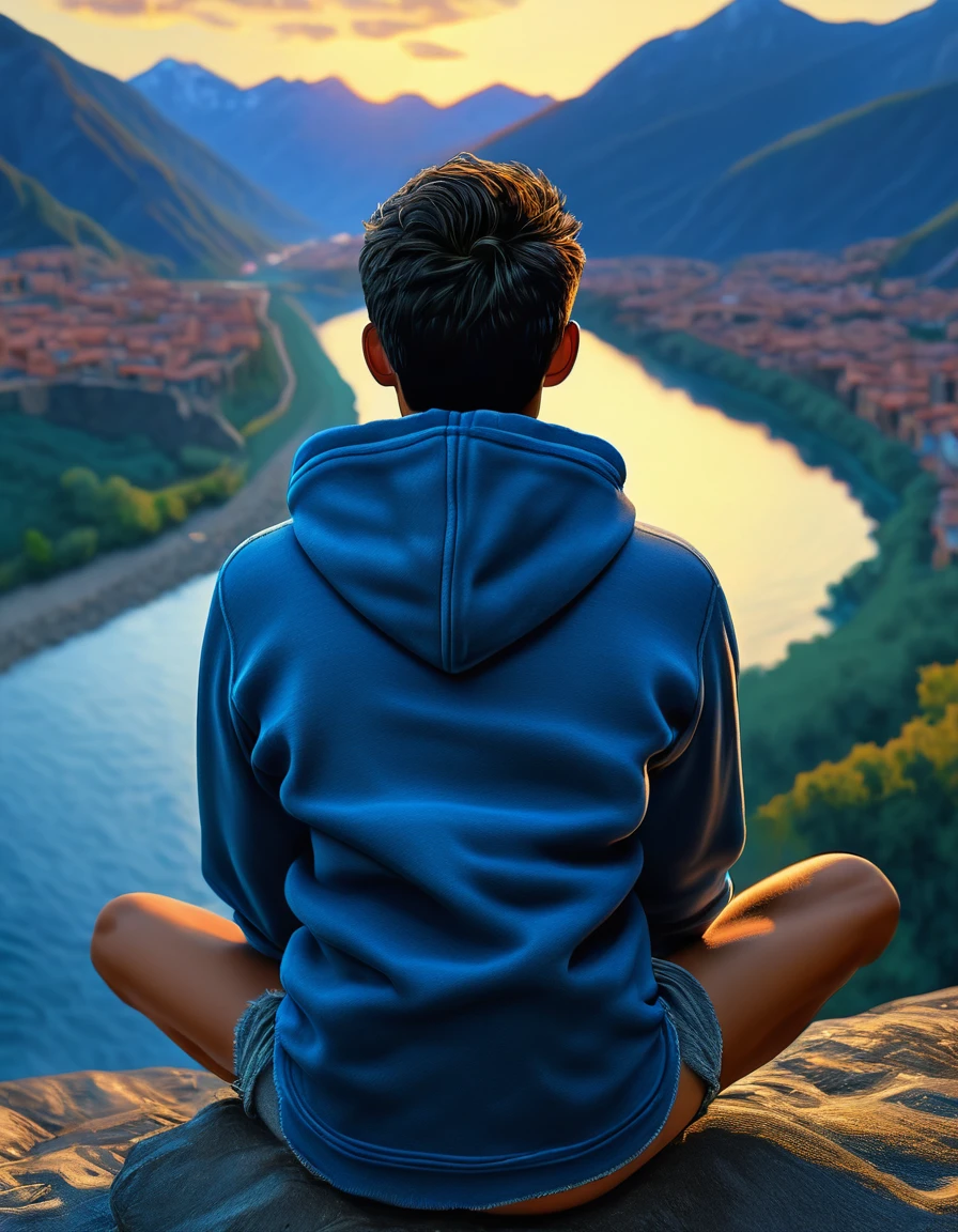 ((1 man full body wearing blue hoody, watching the sunrice, blue hour blue jeans, barefoot sitting,)) (view from behind )), in henry scott tuke and Peter Paul Rubens art style, ultra detailed, ultra realistic, ambient lighting, becoming the subject composition, soft neutral colors, perfect components layout, perfect detailed feet, divine proportions, wide angle, fullbody, in henry scott tuke art style, ultradetailed, ultrarealistic, 8k resolution, HD, a 15 years old man, hairy, slighly hairy body, slender, detailed eyes, detailed feet, detailed nose, detailed lips, detailed chin, detailed ears, detailed muscles, blue eyes, shirtless, barefoot, handsome, masculine, detailed feet, detailed hands, gorgeous, , perefect anatomy, skinny detailed muscles man view from behind, a 15 years old latino man is siting by the river watching the sun rice wearing blue hoody, blue jeans, barefoot in the background, river, mountains, sun, clouds natural lighting, , high quality masterful still-life painting, oil painting, vibrant rich colors, atmospheric perspective, depth, illustration, intricate details, ultra high resolution, sharp details, sharp focus, 8k resolution Miki Asai Macro photography, fullbody, hyper detailed, trending on artstation, sharp focus, studio photo, intricate details, highly detailed, by greg rutkowski ,GO_pokemon,
