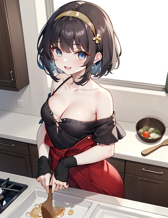 (dynamic angle:1.3, from front:1.1, breast focus:1.3, from above:1.2), (dynamic posing:1.5, sexy posing:1.3, leaning forward), (seductive smiling:1.3),masterpiece, 1girl, pointed chest:1.3,(double breasted:1.2,under bust:1.2), Amazing Cleavage:1.3, thin waist, big ass, Raised sexy, small breast: 1.2 posed cleavage:1.1, looking at viewer, open mouth, brown hair, blue eyes, bare shoulders, collarbone, sidelocks, hairband, sapphire earrings, indoors, red off shoulder sweater dress, arms behind back, short hair with long locks, blue gold hairband, big side hair, very long side hair is rendered in (masterpiece: 1.2, best quality), with (ultra high resolution) and an exquisite (depth of field). This masterpiece is not only visually stunning but also tells,A scene of cooking in the kitchen