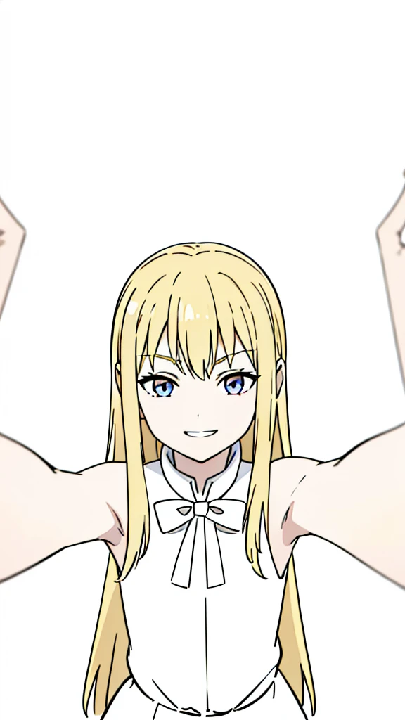 (1girl,8 ,small),blonde hair,long hair, white dress, sleeveless, bow tie, bare shoulders, evil smile,teeth,(white background,line drawing),kabedon pov