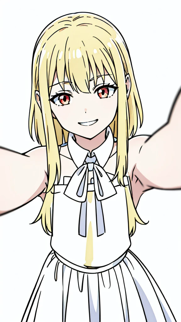 (1girl,8 years old,small),blonde hair,long hair, white dress, sleeveless, bow tie, bare shoulders, evil smile,teeth,(white background,line drawing),kabedon pov