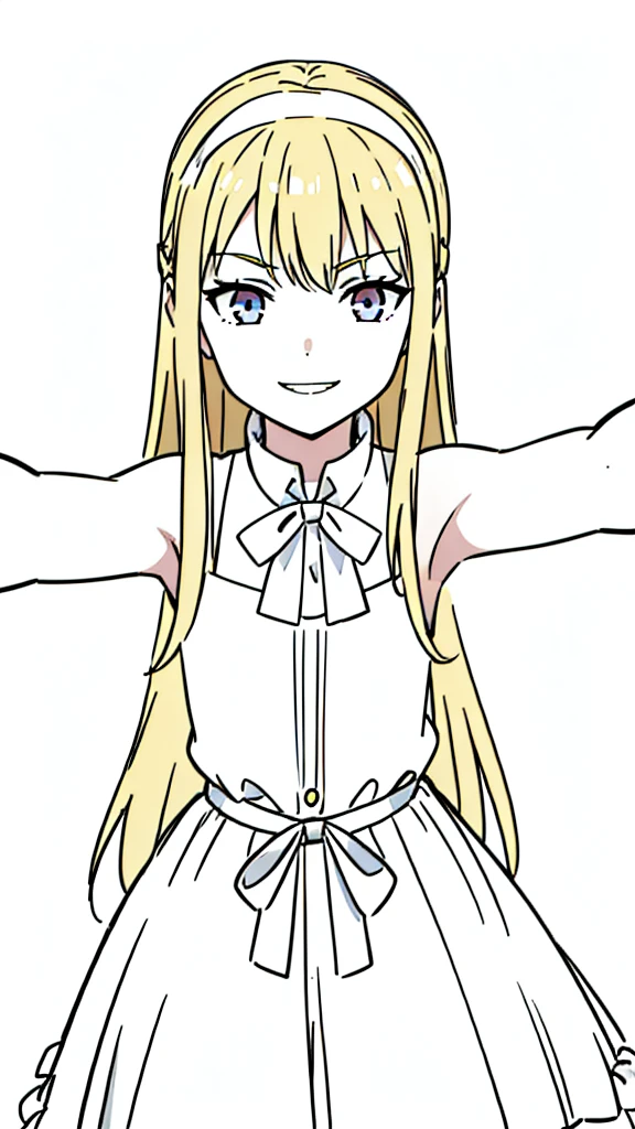 (1girl,,small),blonde hair,long hair, white dress, sleeveless, bow tie, bare shoulders, evil smile,teeth,(white background,line drawing),kabedon pov