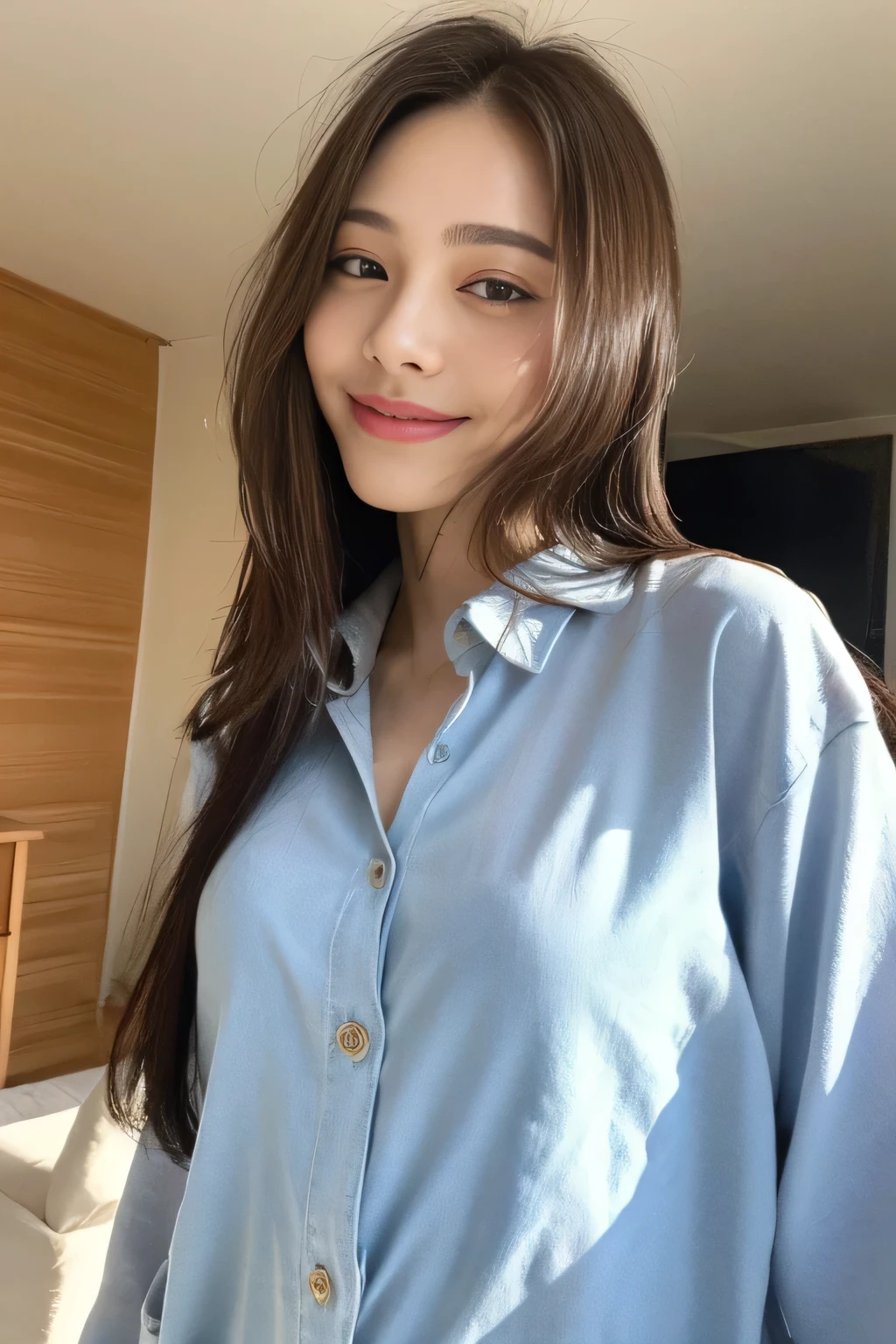 seed:2020674263.((Full body angle:1.1)).((Highest quality, 8K, masterpiece:1.3)), ((from below:1.1)).concentrated:1.2, Perfect body beauty:1.4, Hips:1.2, ((Delicate Hair)), (Colorful button-through crop shirt :1.1) , ((Highest quality、8k、masterpiece:1.3))、1 Girl、A sloppy smile、Esbian all over、Slim face、Big 、Beautiful woman、(Dark Brown Hair)、Long Hair、1.1、Flickering Valley、Detailed eyes、double eyelid、Blurred Background、超Slim face、Smile、Looking down、stroll、