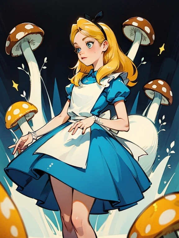 obra maestra, 1 chica, solo, turn her into a sexy Alice in Wonderland with blonde hair, vestido azul claro con delantal blanco, medias blancas, escote, dynamic, Ultra High Definition, 32K, (perfect anatomy:1.5), piernas perfectas, al estilo de Artgerm y Adam Hughes, brazos perfectos, blusa abajo,  bosque, lluvia, mushrooms