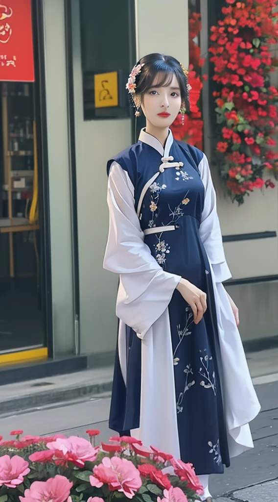(masterpiece, Highest quality, Highest quality, Official Art, beautifully、aesthetic:1.2), (Beautiful girl wearing vintage ao dai:1.3), Very detailed,(Fractal Art:1.1),(colorful:1.1)(Flowers:1.3),Best details,(Tangled:1.2), (Dynamic pose), street, cyber punk, (Vietnamese Traditional Ao Dai:1.2), (Shiny skin), (Colorful:1.4), ,(Earrings:1.4),