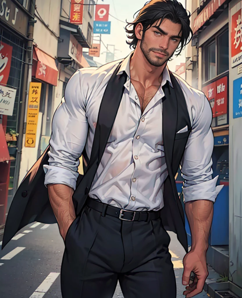 Tall male, mid thirties, muscular body, handsome, gentleman, Turkish man, dark well-fitted suit with white shirt, ultra detail, 8 k, realistic anime style photo, rugged face, handsome face, stubble, black hair, short hair, photo, solo shot, waist shot, cinematic light, cinematic color, social, remarkable, mysterious