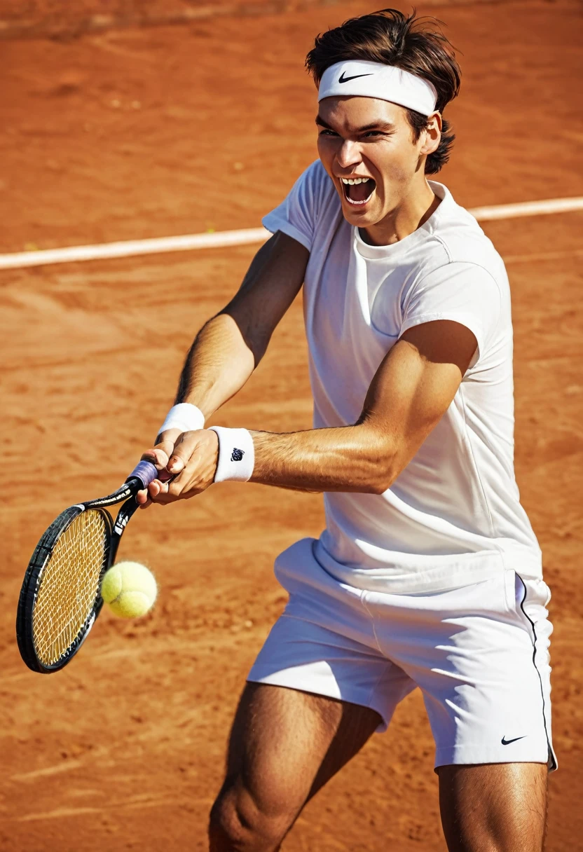 A real photograph. A young professional male tennis player playing tennis on a clay court, captured dynamically with movement and happiness. An image with maximum detail and maximum quality. A fashion magazine cover photograph. Beautiful lighting. Fashion. Tennis. --chaos 50 --ar 2:3 --style raw --stylize 1000 J