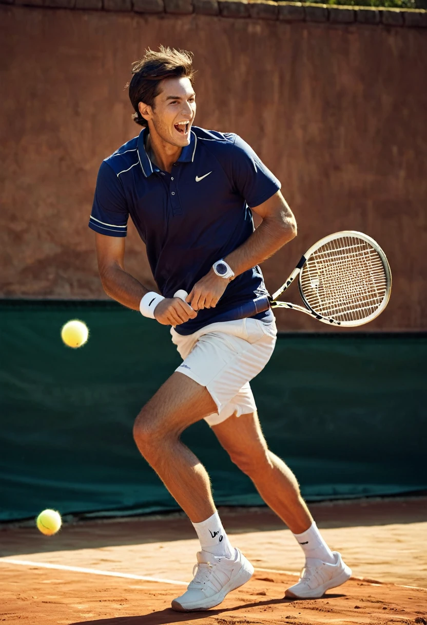 A real photograph. A young professional male tennis player playing tennis on a clay court, captured dynamically with movement and happiness. An image with maximum detail and maximum quality. A fashion magazine cover photograph. Beautiful lighting. Fashion. Tennis. --chaos 50 --ar 2:3 --style raw --stylize 1000 J

