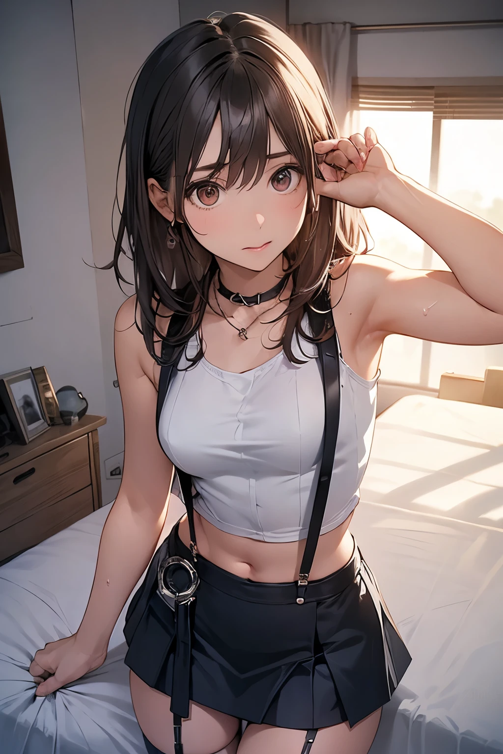 Staring at the audience Black suspenders bulging big breasts wall mini skirt garterbelt garter sight Small face holster Beautiful woman Show your hand Lying in bed sight Taunt side side汗 arm belt summer Armpit sweat Put your hands up