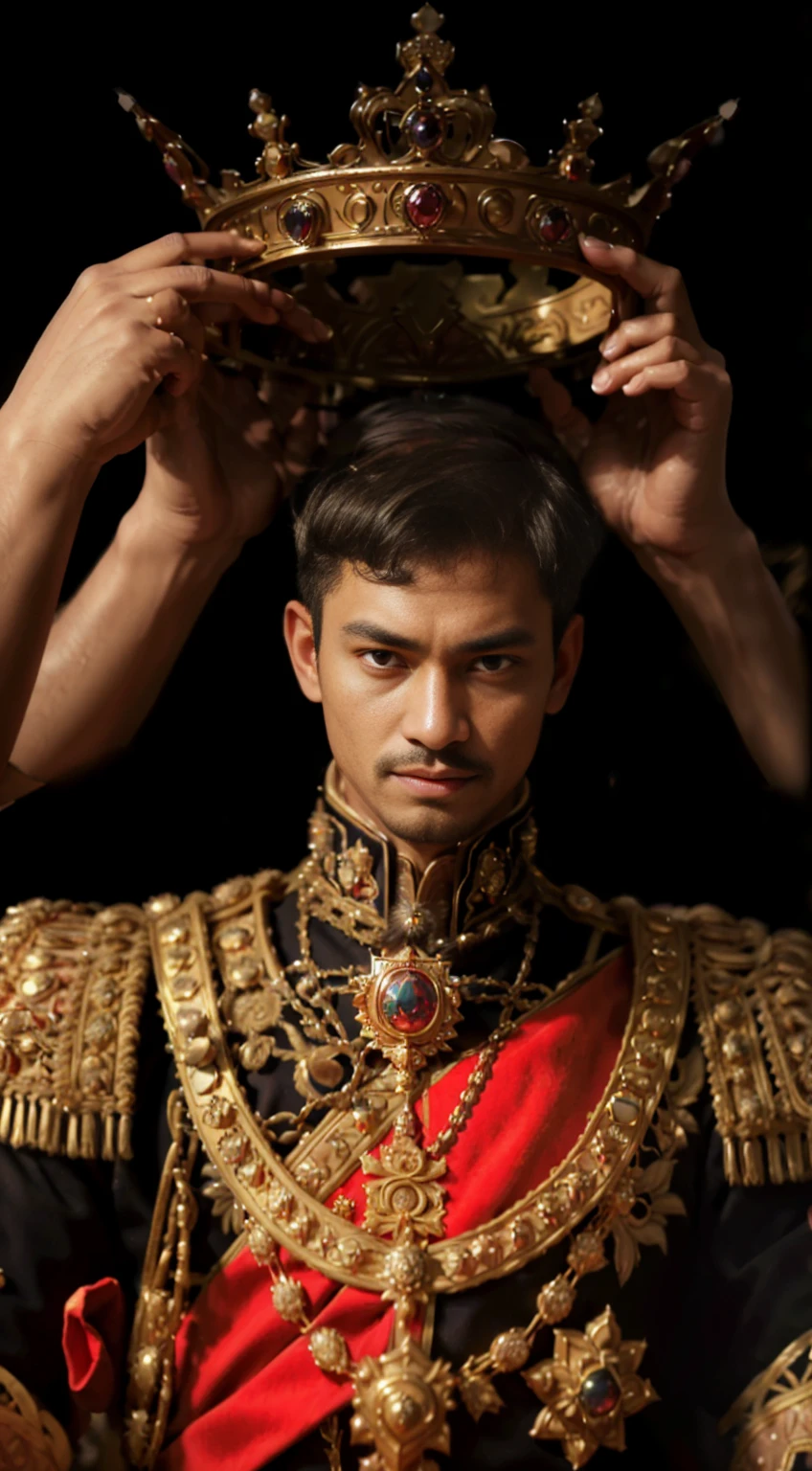 a man in uniform holding a crown on his head, king, malay, detailed portrait, intricate royal robe, ornate crown, jewels, majestic pose, dramatic lighting, rich colors, renaissance style, oil painting, cinematic, ultra-detailed, (best quality,4k,8k,highres,masterpiece:1.2),ultra-detailed,(realistic,photorealistic,photo-realistic:1.37)