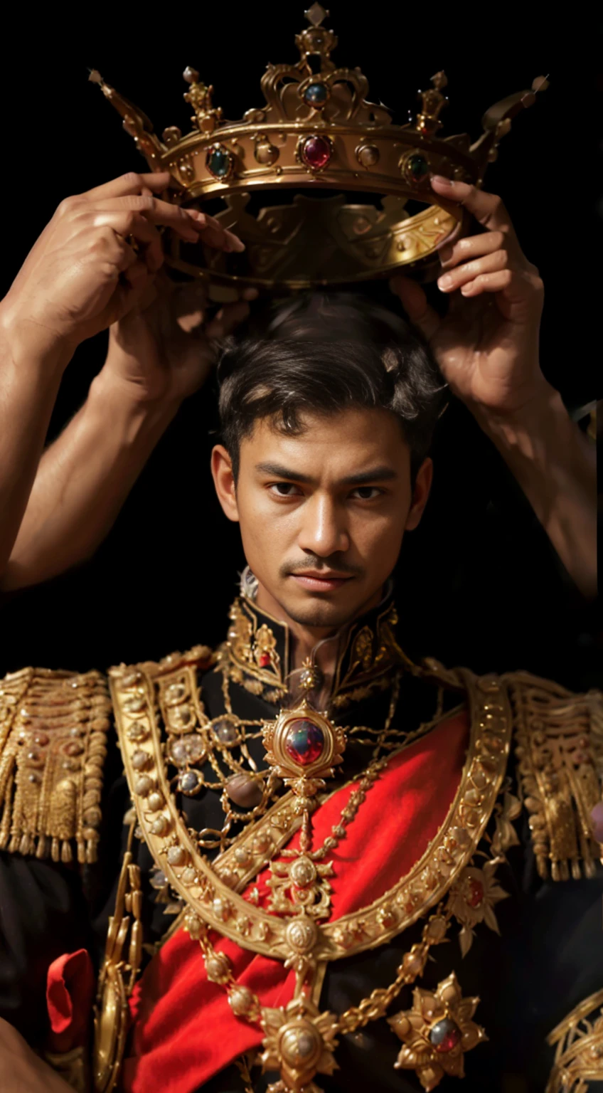 a man in uniform holding a crown on his head, king, malay, detailed portrait, intricate royal robe, ornate crown, jewels, majestic pose, dramatic lighting, rich colors, renaissance style, oil painting, cinematic, ultra-detailed, (best quality,4k,8k,highres,masterpiece:1.2),ultra-detailed,(realistic,photorealistic,photo-realistic:1.37)