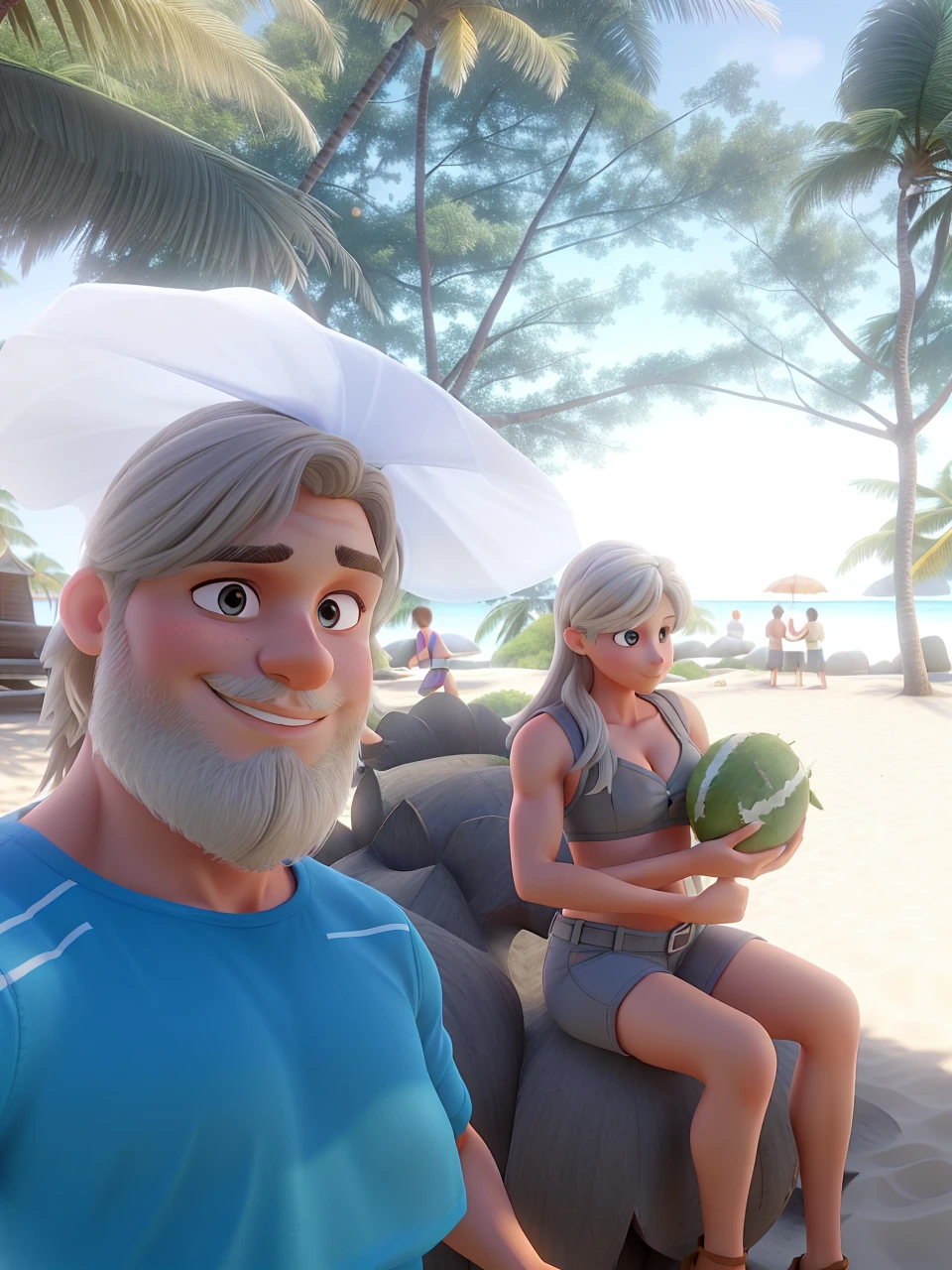 Husband and wife with defined muscles, he with short gray hair, she with straight hair and blonde highlights, holding a coconut, posing for a background on a beautiful beach, on a beautiful sunny day