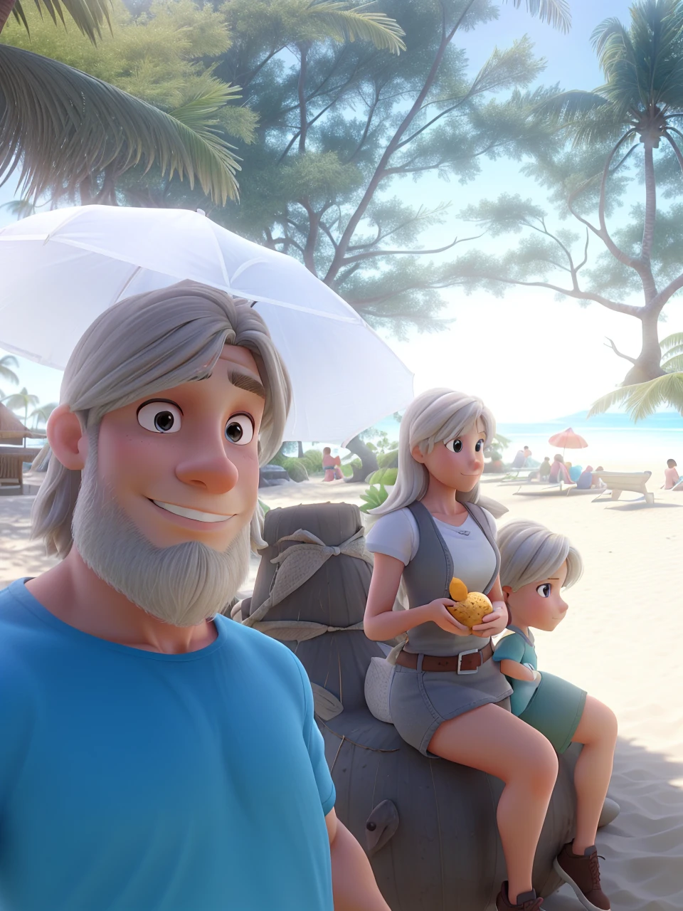 Husband and wife with defined muscles, he with short gray hair, she with straight hair and blonde highlights, holding a coconut, posing for a background on a beautiful beach, on a beautiful sunny day