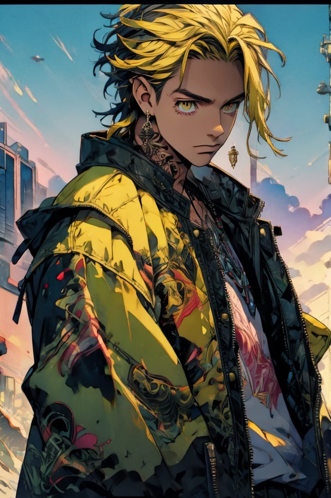 (best quality:1.1), (masterpiece:1.4), photorealistic, , , , (watercolor illustration, soft pastel colors:1.1), , 1boy, solo, male focus, kazutora_hanemiya, blonde hair, yellow eyes, , black hair, two-tone hair, neck tattoo, , , earrings, jacket, decade costume, science fiction hardboiled,