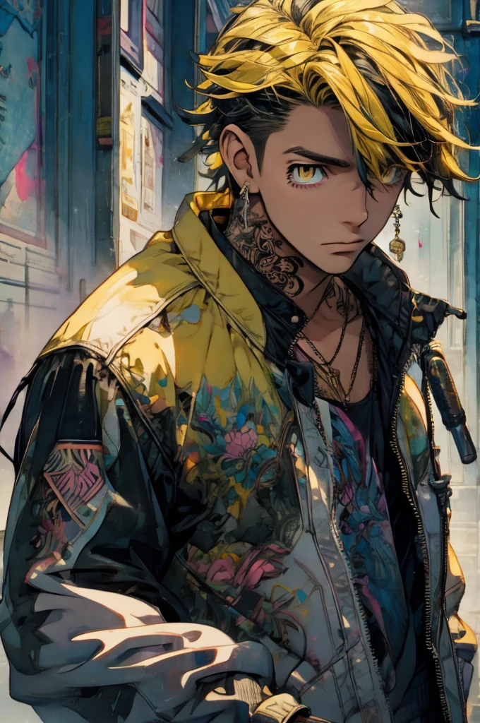 (best quality:1.1), (masterpiece:1.4), photorealistic, , , , (watercolor illustration, soft pastel colors:1.1), , 1boy, solo, male focus, kazutora_hanemiya, blonde hair, yellow eyes, , black hair, two-tone hair, neck tattoo, , , earrings, jacket, decade costume, science fiction hardboiled,