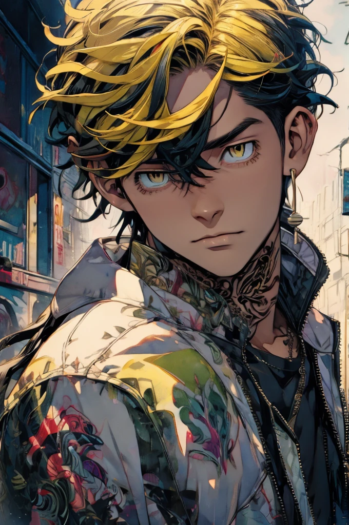 (best quality:1.1), (masterpiece:1.4), photorealistic, , , , (watercolor illustration, soft pastel colors:1.1), , 1boy, solo, male focus, kazutora_hanemiya, blonde hair, yellow eyes, , black hair, two-tone hair, neck tattoo, , , earrings, jacket, decade costume, science fiction hardboiled,