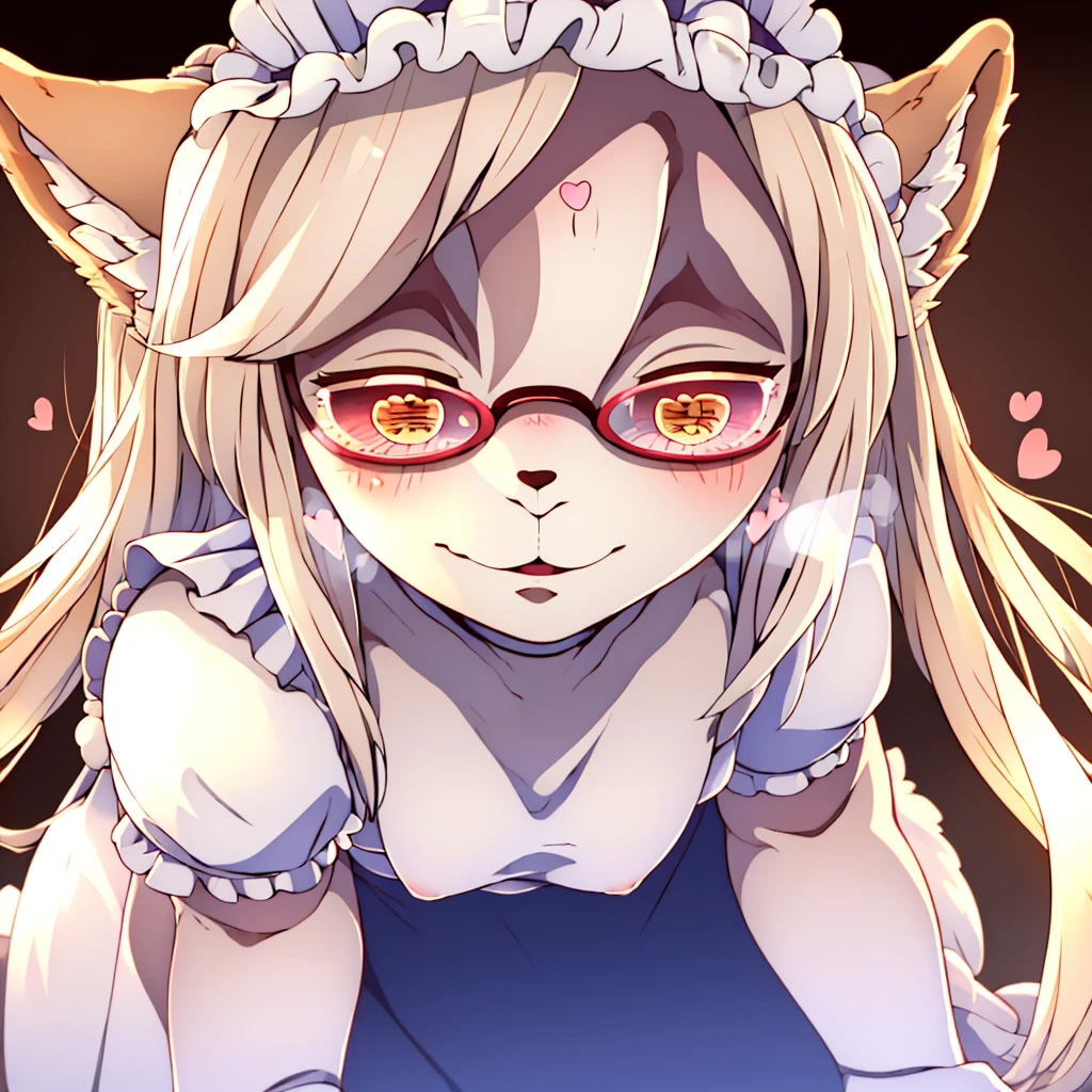 best quality,best resolution,(fluffy anthro furry :1.6),(young :1.6),white rabbit girl,small breasts,white hair,long hair,wavy hair,curvy hair,white rabbit ears,white rabbit tail,white fur,red eyes,glistering eyes,sparkle eyes,glasses,ribbon bowtie,maid outfit,maid headdress,maid gloves,beautiful cafe,white light,looking at viewer,full face blush,desire face,smile,heart eyes,heart expression eyes,horny eyes,close eyes,heavy breath,straddle viewer,low angle,girl on top,bend down,face to face,solo