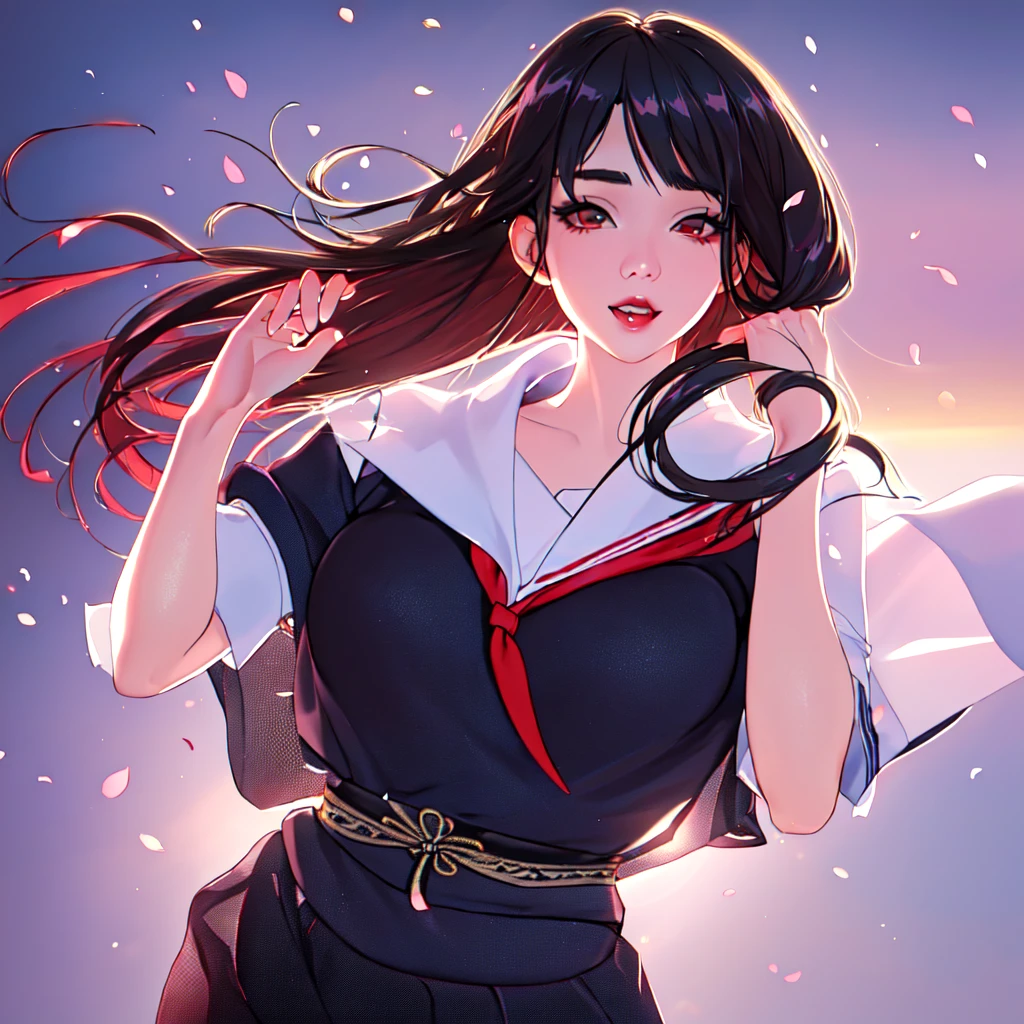  (1girl:1.3, solo), (a extremely pretty and beautiful Japanese woman), (sexy girl), (professional attire:1.3), (22 years old: 1.1), (attractive random posing:1.3), ( long, wavy black hair with red highlights :1.2), bangs, red eyes, beautiful eyes, princess eyes, (big eyes:1.3), bangs, long hair:1.3,(big breasts:0.95), (thin waist: 1.15), (detailed beautiful girl: 1.4), Red lips, full-make-up face, (shiny skin), ((Perfect Female Body)), (Upper Body Image:1.3), Perfect Anatomy, Perfect Proportions, (most beautiful Korean actress face:1.3, extremely cute and beautiful Japanese actress face:1.3), BREAK, (View viewer, wearing a school girl uniform, (insanely detailed collared sailor shirt:1.3, long-sleeve:1.3), (black box-skirt:1.3), detailed clothes, (simple background:1.2) (Studio soft lighting: 1.3), (sunlights: 1.3), (backlight: 1.3), (Realistic, Photorealistic: 1.37), (Masterpiece, Best Quality: 1.2), (Ultra High Resolution: 1.2), (RAW Photo: 1.2), (Sharp Focus: 1.3), (Face Focus: 1.2), (Ultra Detailed CG Unified 8k Wallpaper: 1.2), (Beautiful Skin: 1.2), (Hyper Sharp Focus: 1.5), (Ultra Sharp Focus: 1.5), (Beautiful pretty face: 1.3), (super detailed background, detail background: 1.3), Ultra Realistic Photo, Hyper Sharp Image, Hyper Detail Image, soft light, sharp focus, focused,[[anime]]