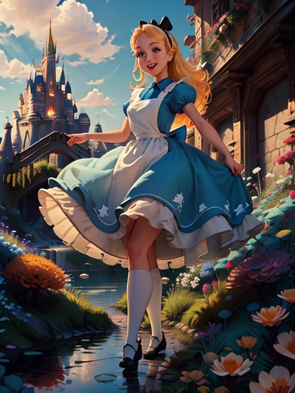 (masterpiece), (best quality), (extremely detailed), alice liddell, blue dress, white apron, black hairband, white long socks, cute pose, in a flower garden, (pond), (((disney castle at the background))), (blue sky), (sunny day), 3d. Illustration, Good Highlights, Perfect Proportions, dynamic, Professional, Award winning, (high detailed skin), (high detailed face), photorealistic, HDR, ultra highres, absurdres, perfect body shape, cute smiling, realistic figure, sexy posing