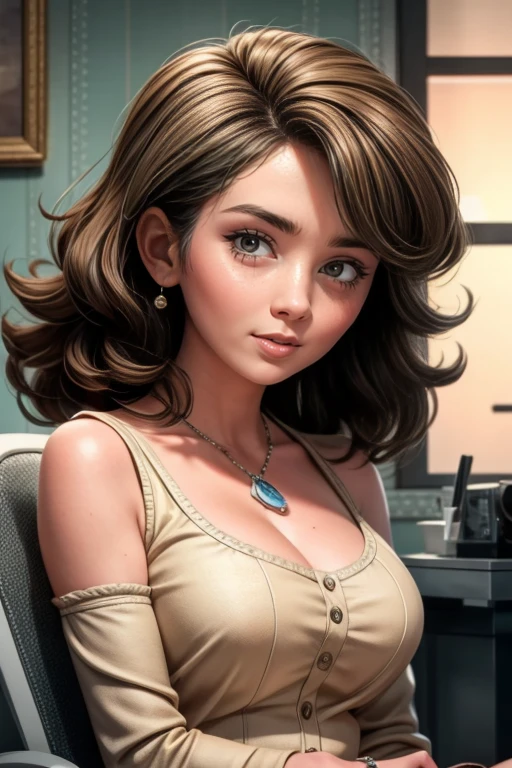 45-year-old woman、Bust up shot、One mature woman, Beautiful attention to detail, Elegant medium hair、Curly Hair、Beautiful lip detail, Detailed face, Delicate facial features, Hospital waiting room, Medical equipment, medical scene, Cinema Lighting, Gloomy atmosphere, Calm colors, Soft Focus, Intricate details, Dramatic composition, Realistic, masterpiece, Surreal, 8k, Highest quality