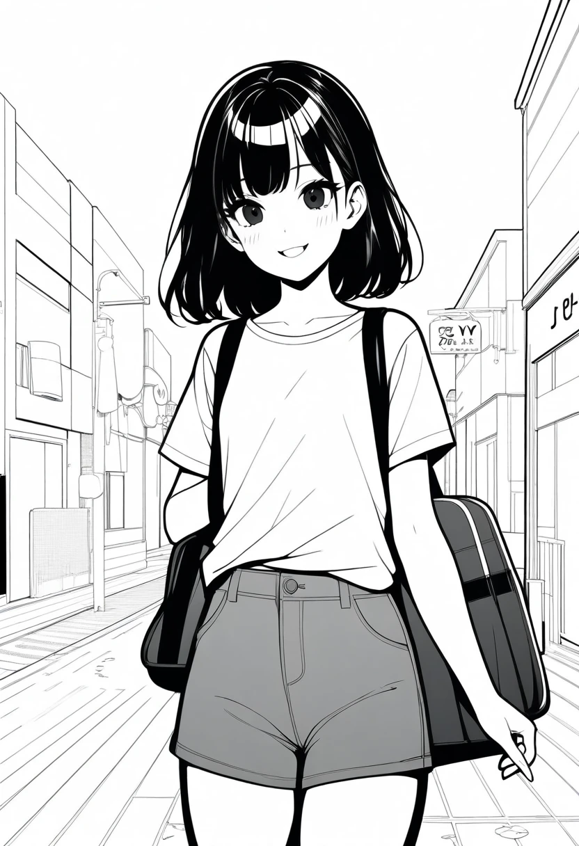 masterpiece, best quality, (((1girl, jyt))), grayscale, style: manga, japanese, chi no wadachi, black eyes, street, iced, black hair, schoolbag, smile, lineart, white background, white shirt, grey shorts,