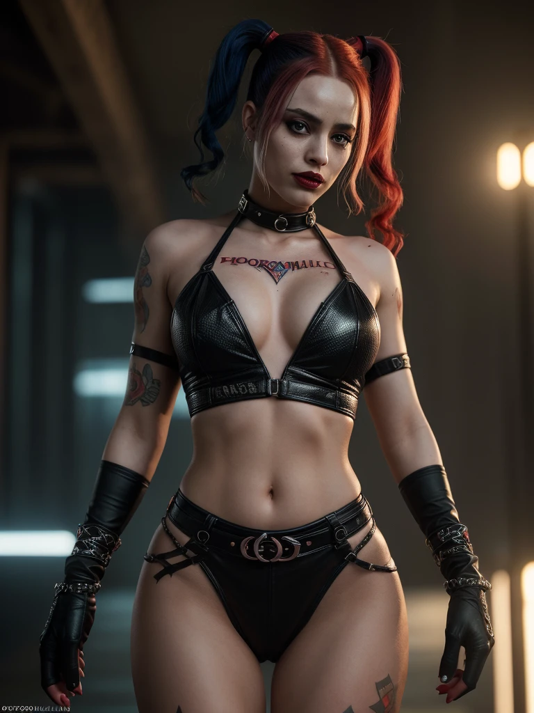 Harley Quinn dominatrix, erotic, realistic, close-up full body shot, detailed facial features, slender body, Hourglass body shape, intricate tattoos, provocative skintight outfit, dark moody lighting, atmospheric background, dramatic poses, cinematic composition, high contrast, backlight lightning, vivid colors, (best quality,4k,8k,highres,masterpiece:1.2),ultra-detailed,(realistic,photorealistic,photo-realistic:1.37),