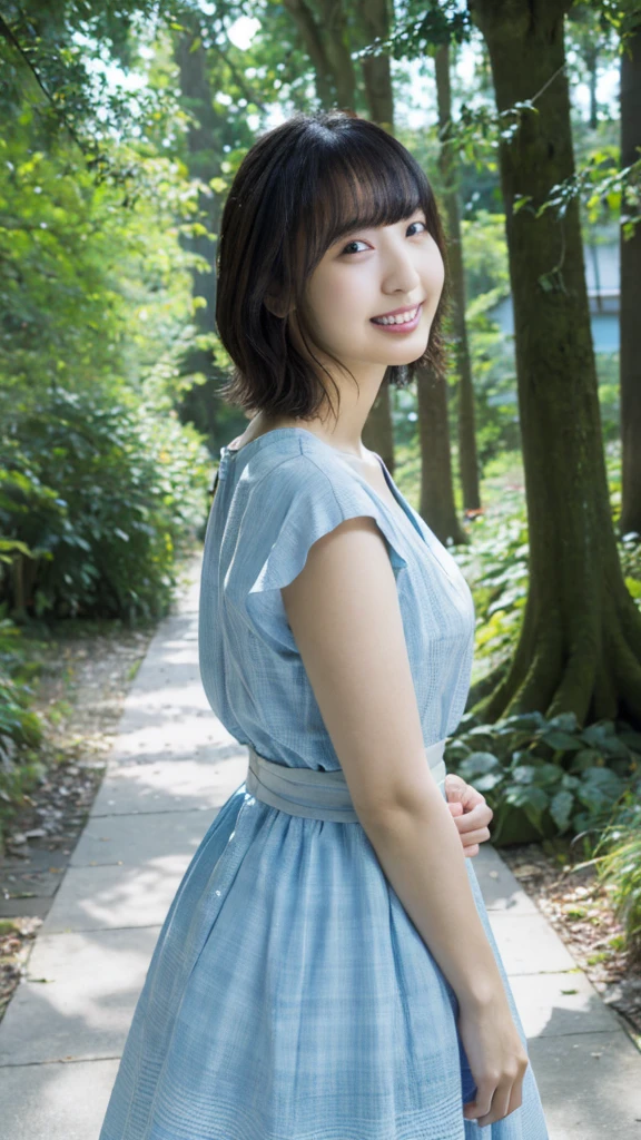 (Highest quality,masterpiece:1.3,Ultra-high resolution),(Very detailed,Caustics,8k), (Realistic:1.4, RAW shooting),(A mysterious forest, Dense teeth),wood々Sunlight shining through ,Light pours down,20-year-old,cute,Are standing,(smile),Looking into the camera,iris,Short black hair,(Light blue dress), (Waist up shot),(Face Focus),Natural light