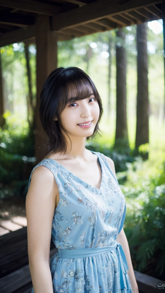 (Highest quality,masterpiece:1.3,Ultra-high resolution),(Very detailed,Caustics,8k), (Realistic:1.4, RAW shooting),(A mysterious forest, Dense teeth),wood々Sunlight shining through ,Light pours down,20-year-old,cute,Are standing,(smile),Looking into the camera,iris,Short black hair,(Light blue dress), (Waist up shot),(Face Focus),Natural light