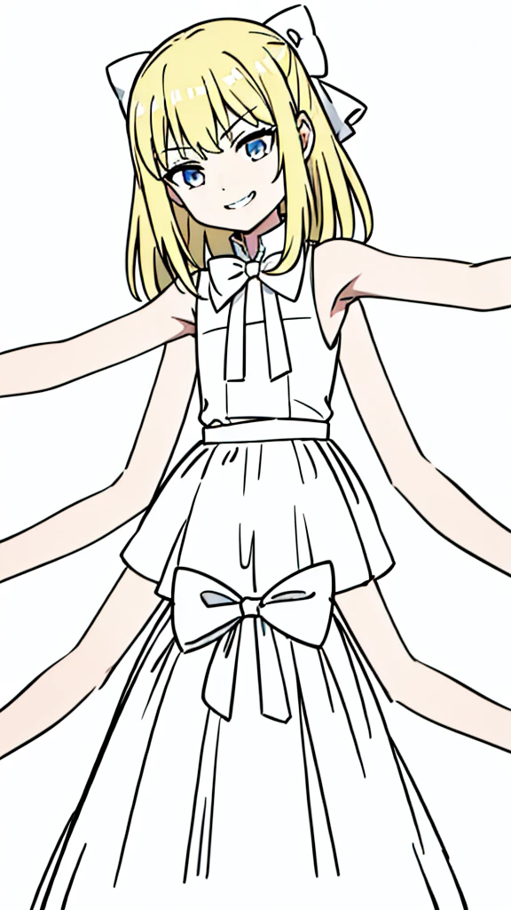 (1girl,8 years old,small),blonde hair,long hair, white dress, sleeveless, bow tie, bare shoulders, evil smile,teeth,(white background,line drawing),kabedon pov,extra arms,four arms