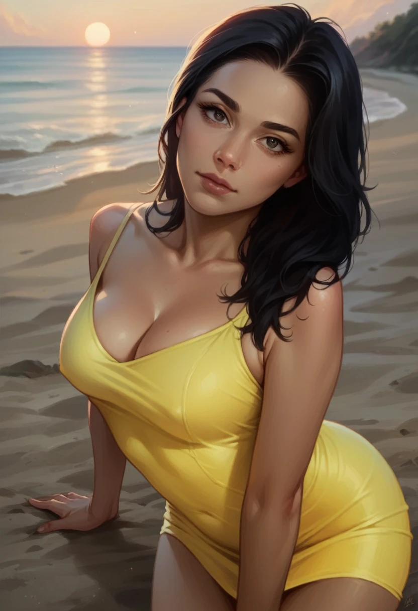 woman, black hair, tight yellow dress, medium bust, sexy pose, looking at camera, looking at viewer, on the beach, sunset background,realism,HD