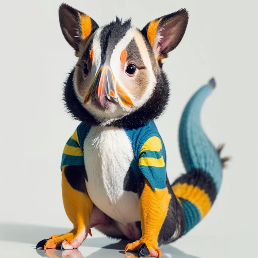 Small Animals, baby kangaroo mixed with House lizard, has yellow and blue stripes on its body, Grassroots, no background, (has beard), ((Puffin mouth))
