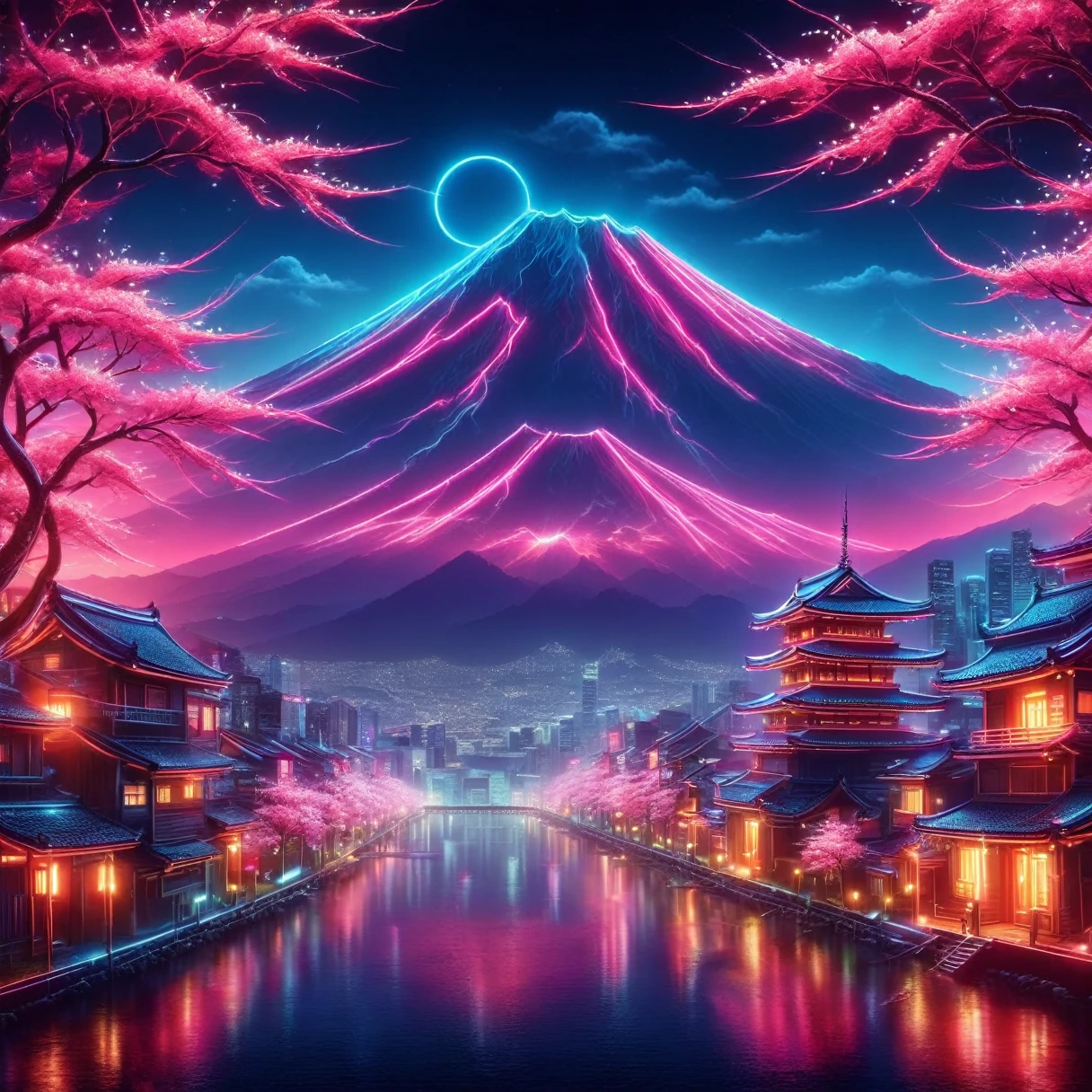 japanese art, mount fuji, small city, synthwave, neon signs, cherry blossoms