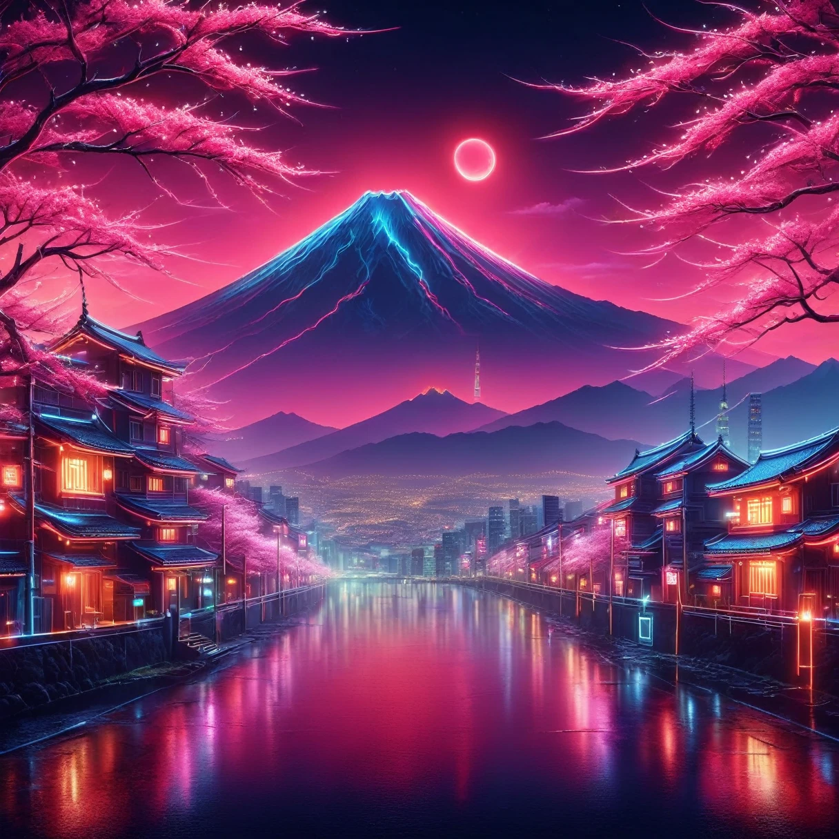 japanese art, mount fuji, small city, synthwave, neon signs, cherry blossoms