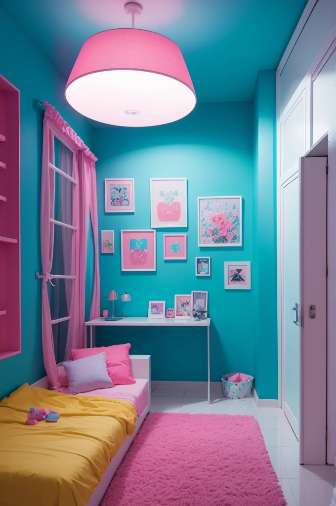 Criar interior de loja com cores azul e rosa neon, relacionado a jogos