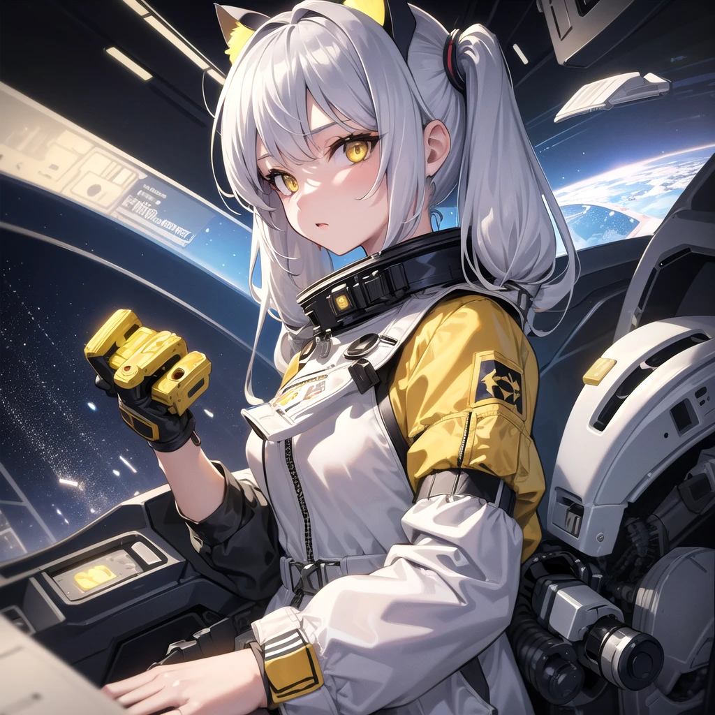 masterpiece, best quality, 1girl, spacecraft interior, spacesuit, upper body, from side, science fiction, yellow eyes, twintails, silver hair, cat ears, looking at viewer,