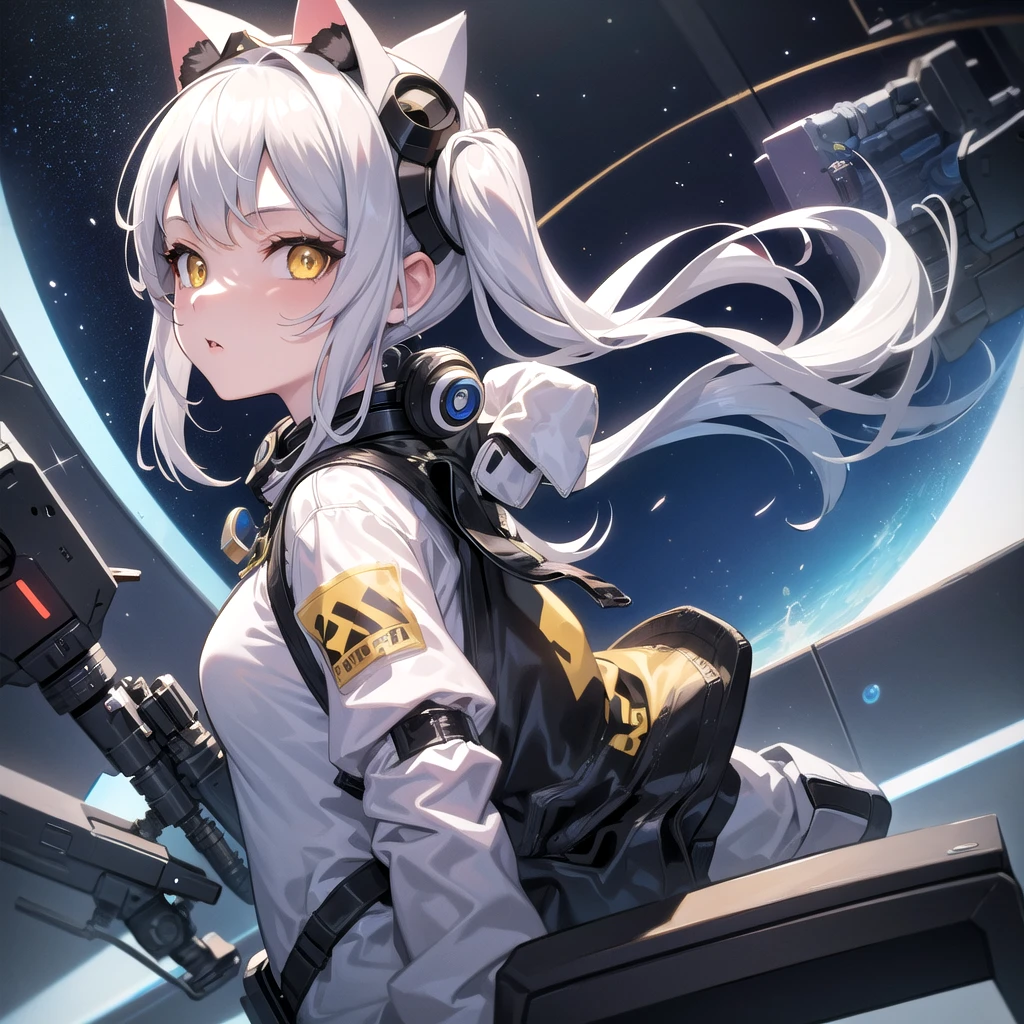 masterpiece, best quality, 1girl, spacecraft interior, spacesuit, upper body, from side, science fiction, yellow eyes, twintails, silver hair, cat ears, looking at viewer,