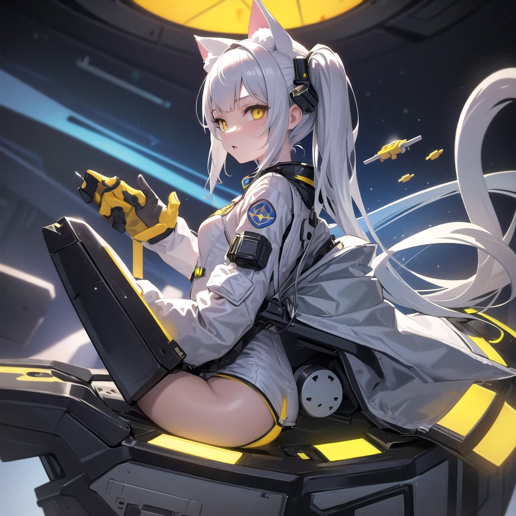 masterpiece, best quality, 1girl, spacecraft interior, spacesuit, upper body, from side, science fiction, yellow eyes, twintails, silver hair, cat ears, looking at viewer,