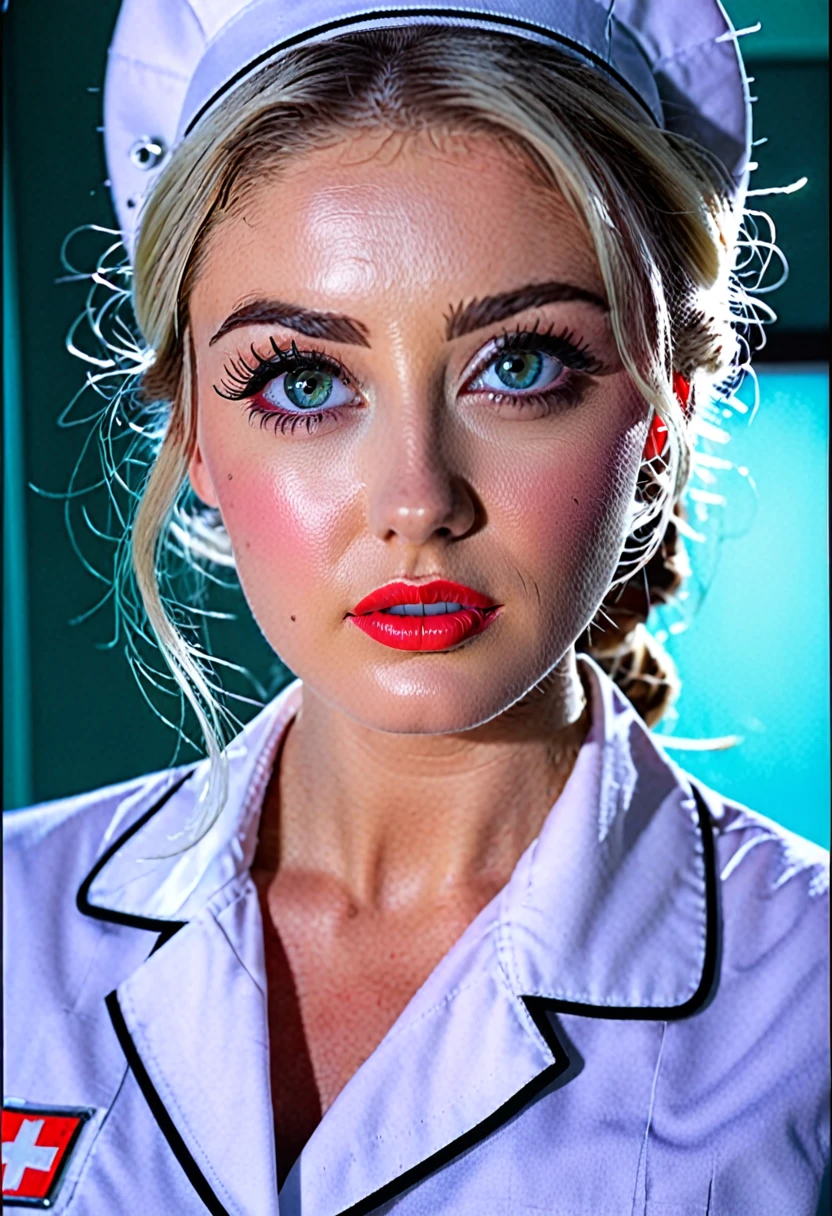 a sexy nurse ella, beautiful detailed eyes, beautiful detailed lips, extremely detailed eyes and face, long eyelashes, detailed nurse uniform, detailed medical equipment, cinematic lighting, film grain, highly detailed, 8k, photorealistic, professional, vibrant colors, dramatic lighting