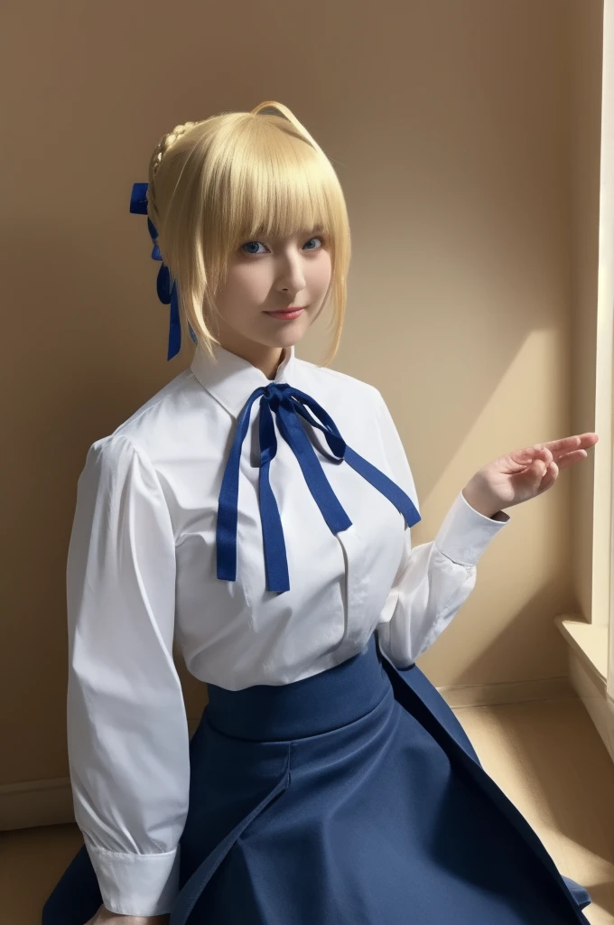 Super detailed,Very detailed,Highest quality,masterpiece,figure,
Things to know, One girl, Artoria Pendragon \(destiny\), alone, Cosplay,
Blonde, Ahoge,Hair Ribbon, short hair, Braided bun, Side Lock, bangs, 
pantyhose, shirt,skirt,  Neck ribbon, Long sleeve,casual, blouse, high-waist skirt, 
whole body, View your viewers, 
indoor, kitchen,Dynamic pose, Photo Background, 
