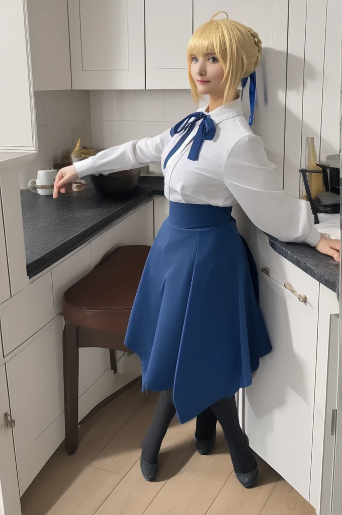 Super detailed,Very detailed,Highest quality,masterpiece,figure,
Things to know, One girl, Artoria Pendragon \(destiny\), alone, Cosplay,
Blonde, Ahoge,Hair Ribbon, short hair, Braided bun, Side Lock, bangs, 
pantyhose, shirt,skirt,  Neck ribbon, Long sleeve,casual, blouse, high-waist skirt, 
whole body, View your viewers, 
indoor, kitchen,Dynamic pose, Photo Background, 
