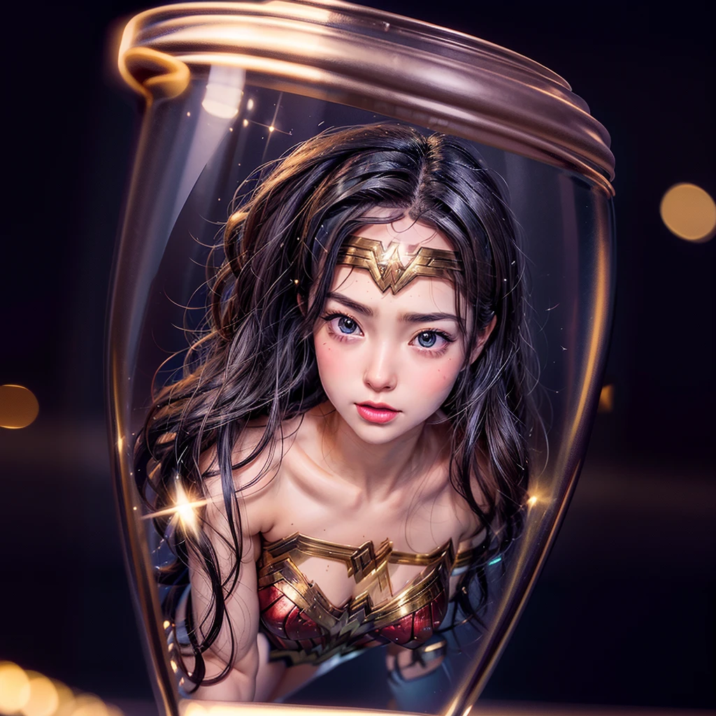 High-level, 8K Masterpiece TopQuality, Ultra-detailed CG, Absurd detailed wallpaper, PerfectLighting, Extremely detailed (((Personifying " Sexy Wonder Woman " as a KAWAII Girl))), Characteristic Items, aesthetic LifeLike Rendering, MysticSight,
Haze Tyndall Scattering, (Studio GRAY Background with (Oodles Dazzling RainbowColorParticles (BokeH))), (((Assfocus)) RoundlyButts ThighGap), (Exposed:0.9) NSFW 🔞 BREAK (Acutance:0.8), (NOGIZAKA FaceVariations) Extremely Detailed very KAWAII FaceVariations, Childish CaptivatingGaze ElaboratePupils Detailed Eyes with (SparklingHighlights:1.28), (Voluminous LongEyelashes:0.88)、Glossy RedLips with beautiful details, CoquettishTongue, RosyCheeks, Radiant PearlSkin with Transparency, Glowing DowneyHair . { (Dynamic LifeLike expressions:1.4) | (:d) }, (large eyes:-1) .in container